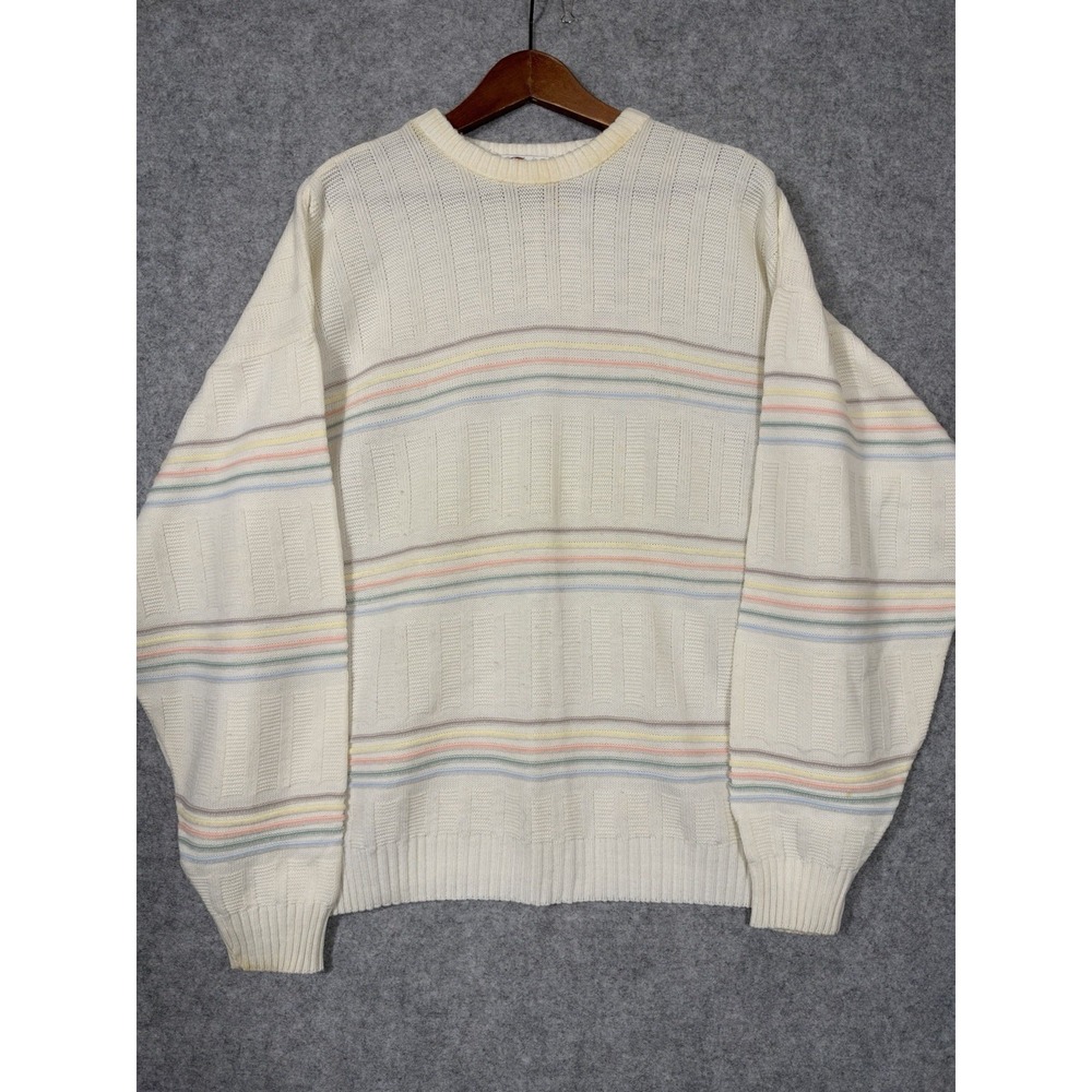 Vintage Arnold Palmer Easter Sweater 44 Large Cream Pastel Stripe Crewneck Knit